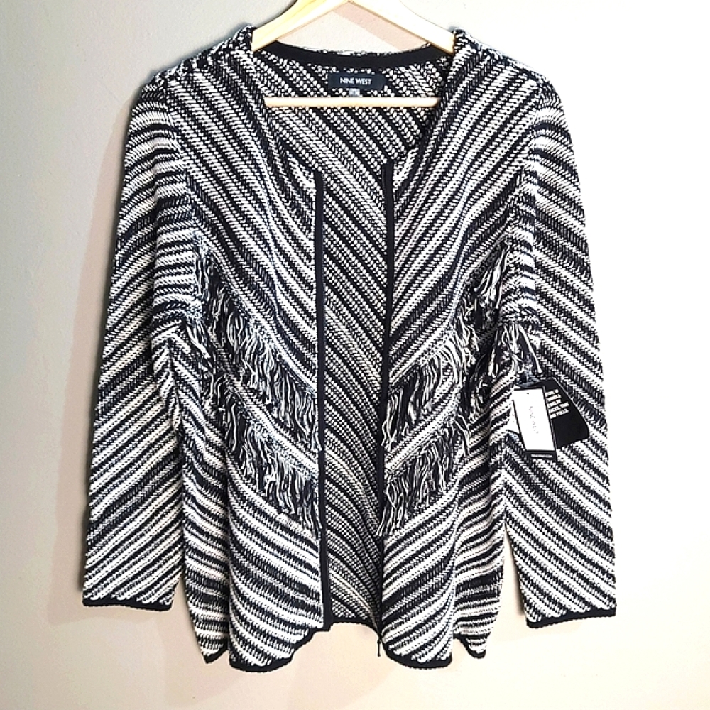 Nine West NWT Classic Black & White Striped Knit Fringe Zip-Up Jacket SIZE SMALL